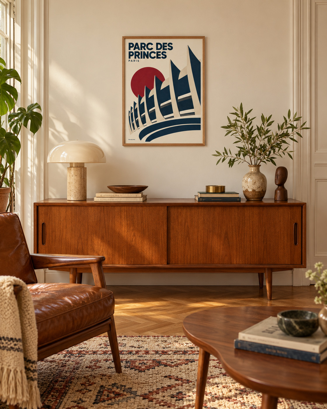 Affiche Parc des Princes encadrée dans un salon